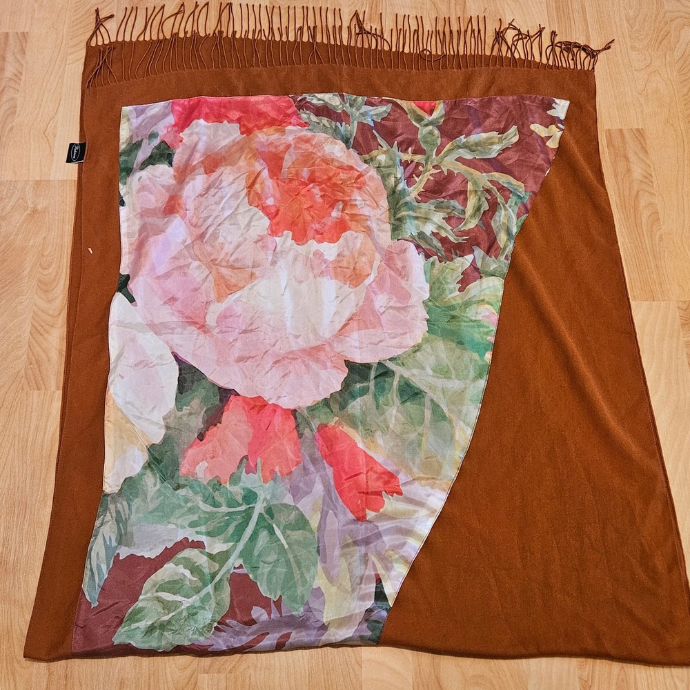 Pashmina Floral‎ Silk Panel Shawl Wrap Womens OS Brown Fringe Made in Italy